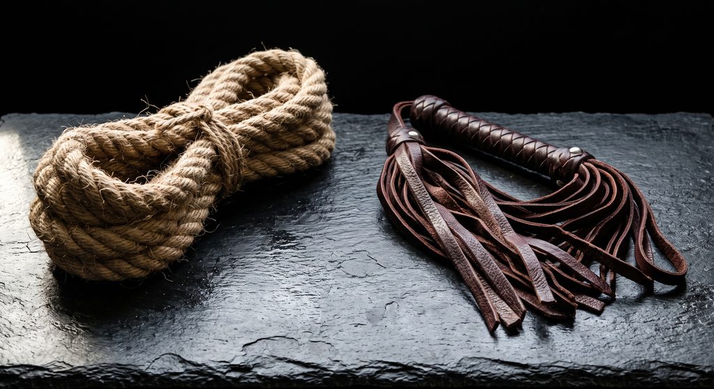 rigger et sadique, corde et martinet posés séparément