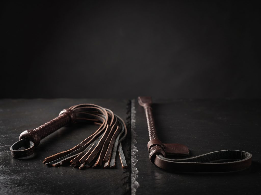 subspace côté soumis et domspace côté dominant, martinet et cravache sur ardoise sombre