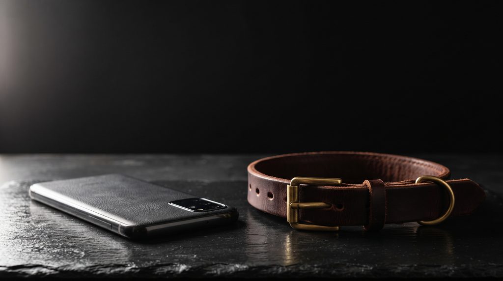 lendemain de séance BDSM, téléphone retourné et collier de cuir ouvert sur ardoise sombre