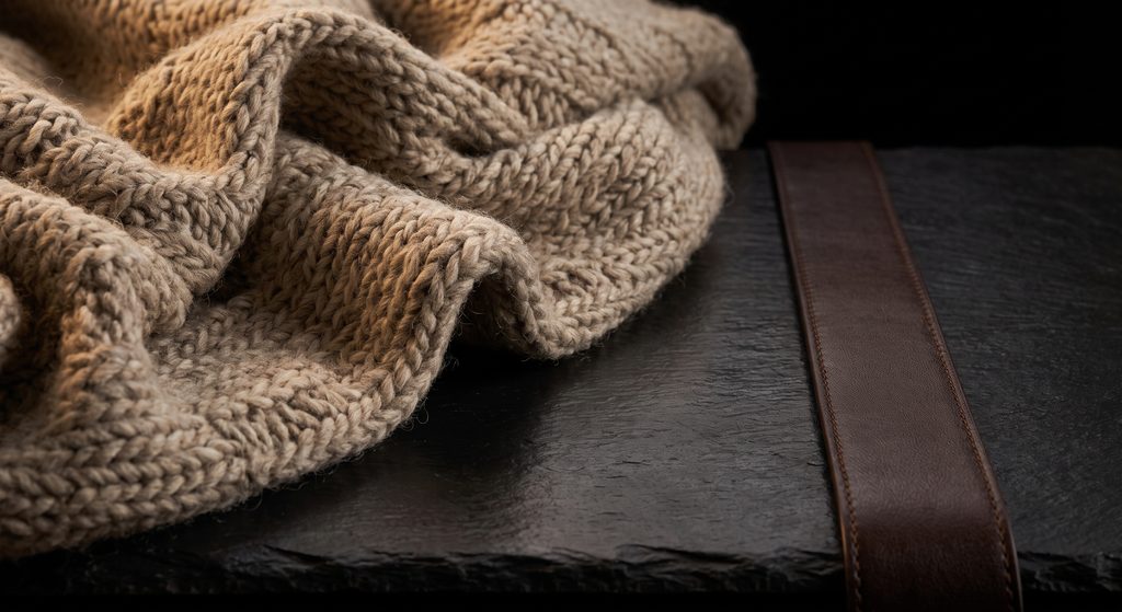 caregiver et dominant, plaid de laine et sangle de cuir côte à côte
