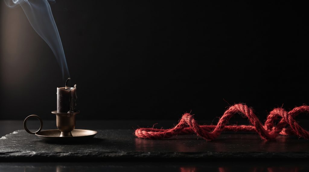 subdrop et domdrop en BDSM, bougie éteinte et corde rouge défaite sur ardoise sombre