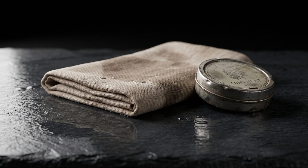 soigner une marque, linge humide et pommade sur ardoise sombre