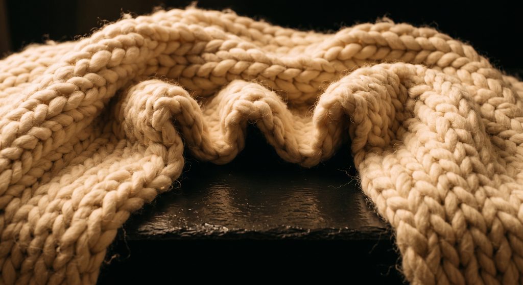 rôle de little BDSM, plaid en grosse maille drapé sur ardoise sombre