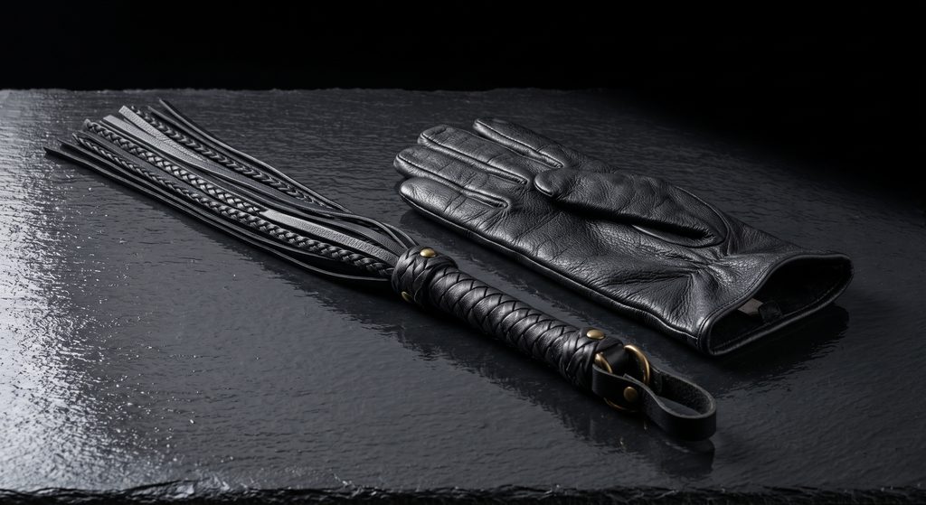 protocole d'impact play, martinet et gant de cuir disposés avec ordre