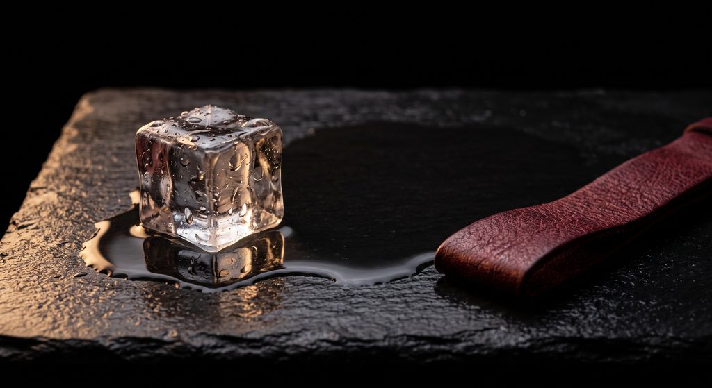 rôle de masochiste BDSM, glaçon fondant et sangle de cuir sur ardoise sombre