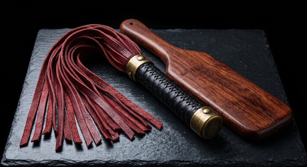 impact play, martinet de cuir et palette de bois sur ardoise sombre